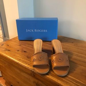 Jack Rogers 2.4” stacked mid heel slides in tan